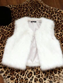 Attitoon 女式休闲开襟无袖人造毛皮夹克，适合秋冬季 - 白色 - 查看 1