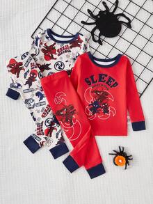 男婴超级英雄图案睡衣套装，红色和海军蓝，长袖 T 恤和紧身裤，弹性面料，舒适休闲家居服 - 彩色 - 查看 3