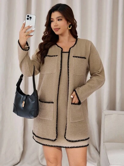 Auralis Plus Size Brown Color Block Trim Round Neck Long Sleeve Fashionable Pocket Decor Casual Brown Dress For Women