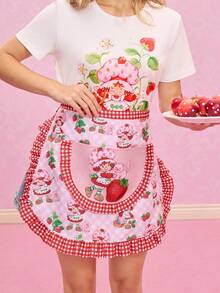 Strawberry Shortcake X SHEIN 1 Pc Cute Lace Strawberry Print Half Apron, Suitable For Cooking And Baking,Gift Ideas - Pink - View 2