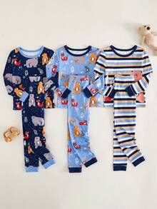 Conjunto de 6 piezas de pijama de manga larga con estampado de rayas de oso y zorro, cómodo y de alta elasticidad para niños pequeños, para otoño/invierno