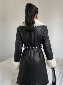 Glamine 1件女式纯色束腰仿毛领PU夹克 - 黑色 - 查看 5