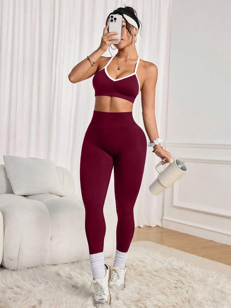 SHEIN Sports 无缝可调节工字背运动文胸和高腰瑜伽紧身裤女式运动套装 - 酒紅色 - 查看 1
