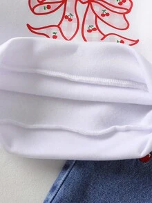 SHEIN 2 Stücke/Set Süßer Schleifen Dekor Rundhals Langarm T-Shirt + Kirsche Stickerei Gerade Bein Jeans Hose, Kleinkind Mädchen Outfit, Herbst/Winter