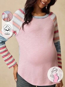 Boho Mama 孕妇休闲拼接条纹插肩袖T恤，秋季波西米亚度假风女装 - 彩色 - 查看 1