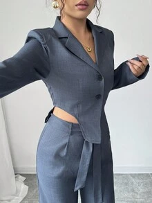 Elenzga 女士优雅办公室通勤装，高端舌形下摆，性感镂空设计，深灰色长袖西装外套和裤子，百搭西装两件套，秋冬 - 深灰色 - 查看 6