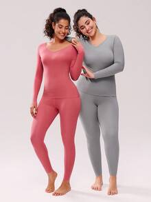 LUVLETTE Women's Thermal Underwear Ultra-Soft Base Layer Cold Weather Warm Winter PJ Set V-Neck Top And Long Bottoms - Brownish Red Lightweight And Warm Set Pajama Sets