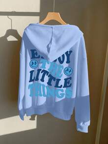 SHEIN EZwear Áo nỉ dài tay rộng rãi, in họa tiết màu xanh tối giản, có mũ, dây rút, dáng rộng, dày, thoải mái cho nữ, mùa thu/đông - Màu xanh nhạt - Xem 7