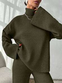 EURMUSE 2pcs Women Solid Color Minimalist Turtleneck Long Sleeve Sweater And Trouser Set, Everyday Wear - Hijau Tentara - View 2