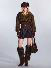 ROMWE Hippie Women's Fuzzy Zip-Up Collar Long Sleeve Jacket, Fashionable Regular Fit, Autumn/Winter - Brown - View 1