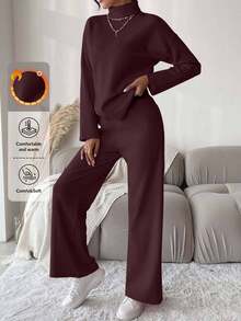 Cloudara 2pcs Women Solid Color Simple Everyday High-Neck Long-Sleeve Top And Trousers Set. - Coral Pink - View 1