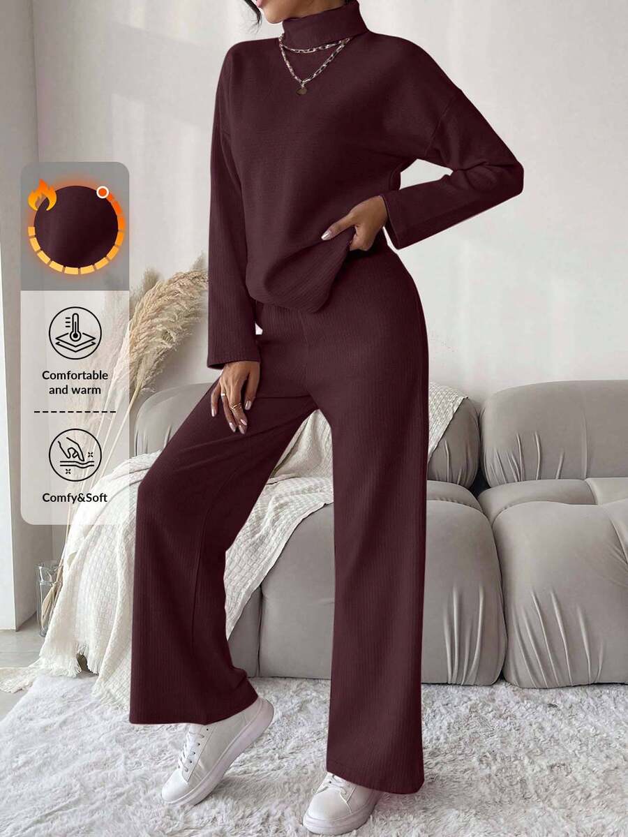 Cloudara 2pcs Women Solid Color Simple Everyday High-Neck Long-Sleeve Top And Trousers Set. - Coral Pink - View 1