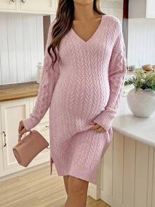 SHEIN 纯色V领休闲百搭长袖孕妇毛衣裙 - 粉色 - 查看 3