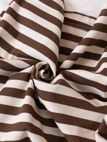 2 件套男童韩版卡其色条纹纹理面料标语刺绣长裤和长袖睡衣套装 - 卡其色 - 查看 9