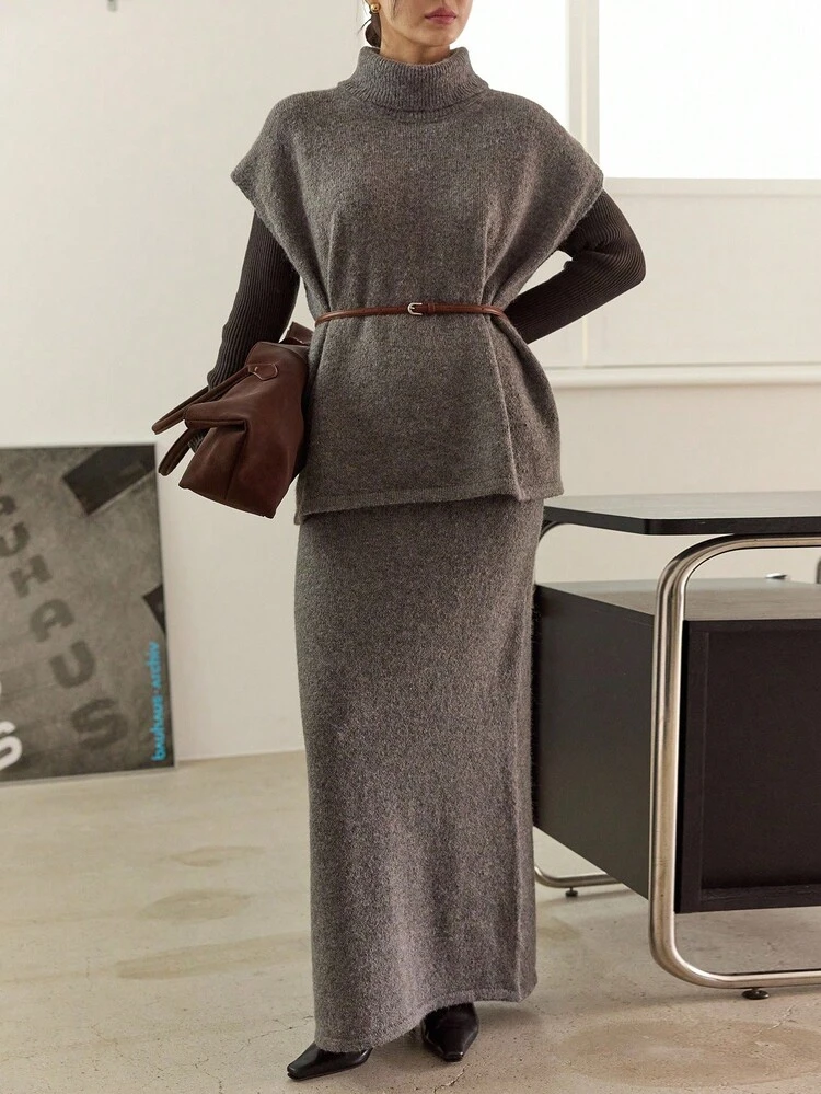 Turtleneck Sweater Vest & Knit Skirt Without Belt Business Casual Woman