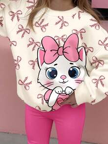 SHEIN Bộ 2 món Happikins màu trắng kem & hồng kem họa tiết mèo hoạt hình dễ thương, áo nỉ dài tay cổ tròn dày dặn mềm mại in nơ báo và quần legging, thích hợp cho mùa thu đông. Trang phục mèo cho bé gái, áo len trẻ em, quần áo dễ thương cho bé gái, quần áo mùa thu đông, quần áo Kawaii cho trẻ em. - Nhiều màu - Xem 5