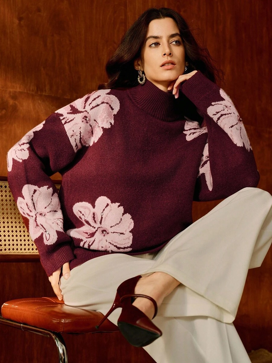 Anewsta 酒红色花卉浪漫优雅水钻装饰套头毛衣，适合通勤、狂欢节、情人节等场合。 - 酒紅色 - 查看 1