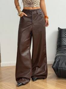 StreetHx Women's Autumn/Winter Street Style 2000s Punk Inspired Embossed PU Leather Pants - Coffee Brown - View 6