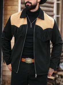 Manfinity Nomadique Men's Colorblock Long Sleeve Thermal Lined Single Breasted Casual Loose Jacket, Autumn Country Concert Vintage Jacket