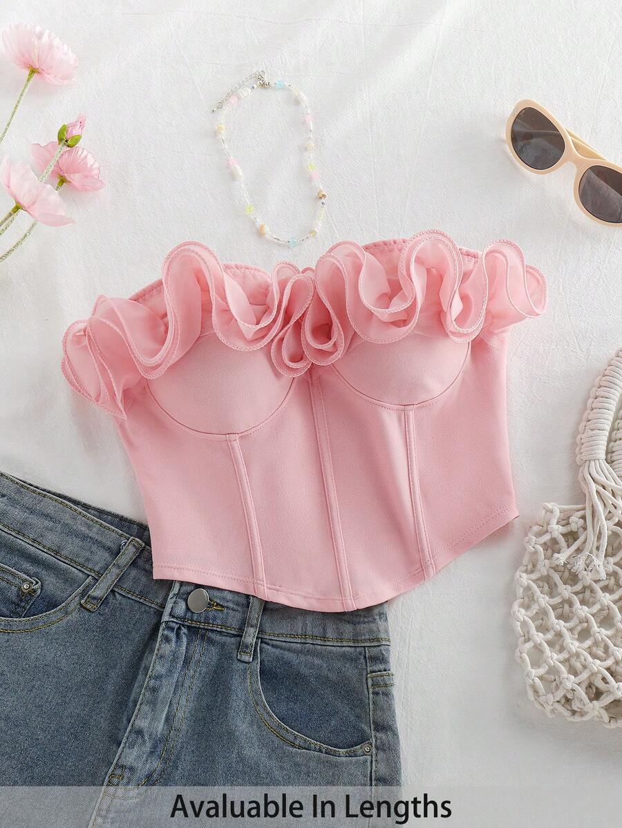 SHEIN Tall CURVE Plus Size Women Ruffled Hem Fashionable Bandeau Top For Summer Valentine's Day - Pink - View 1