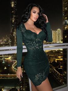 SHEIN Allurite Đầm ren đan hở ngực tay dài gợi cảm cho nữ - Màu xanh lá cây đậm - Xem 5