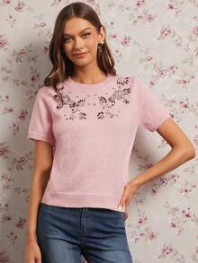 Enchnt Women's Light Pink Summer Elegant Tea Party Short Sleeve Knit Top,Sparkle Rhinestone&3D Sequined Flowers Decor,Sweet Fashionable For Date - Pink - View 2