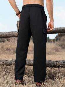Manfinity Nomadique Men Solid Color Loose Fit Casual Cargo Pants, Fall - Black - View 2