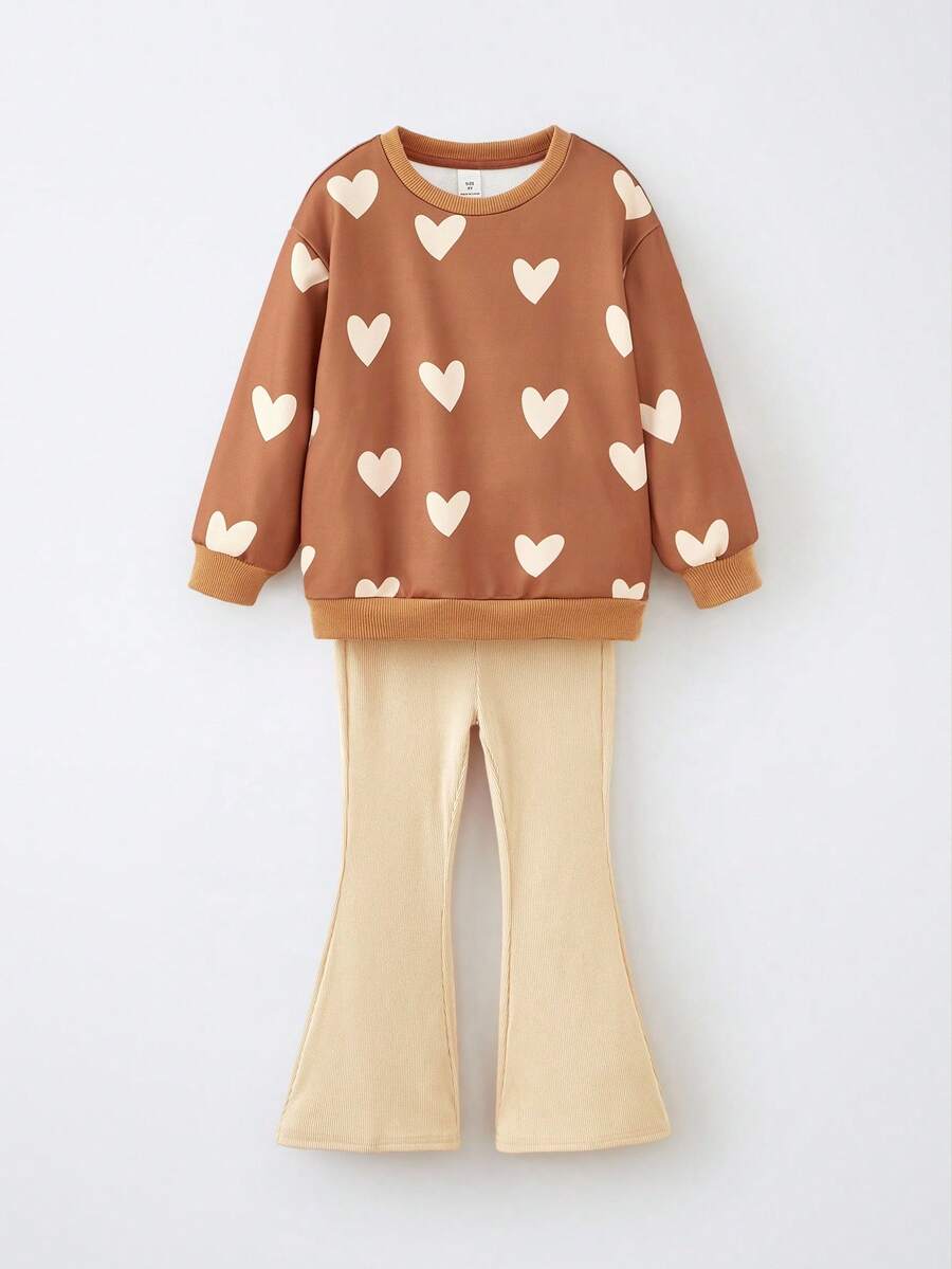 Maija Kids Maija Kids Set de 2 piezas con sudadera con cuello redondo con estampado de corazón y pantalones acampanados para niña, conjunto de ropa de otoño con sudadera con corazón marrón - Marrón Chocolate - Ver 1