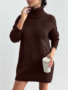EURMUSE Women's Solid Color Turtleneck Casual Versatile Long Sleeve Sweater Dress - Coklat - View 4