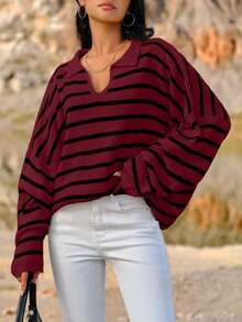 SHEIN Cottnline Plus Size Striped Pattern Polo Collar Casual Long Sleeve Sweater - Burgundy - View 6