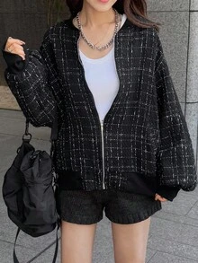 FRIFUL 女士秋季落肩长袖格子休闲宽松棒球夹克 - 黑色 - 查看 4