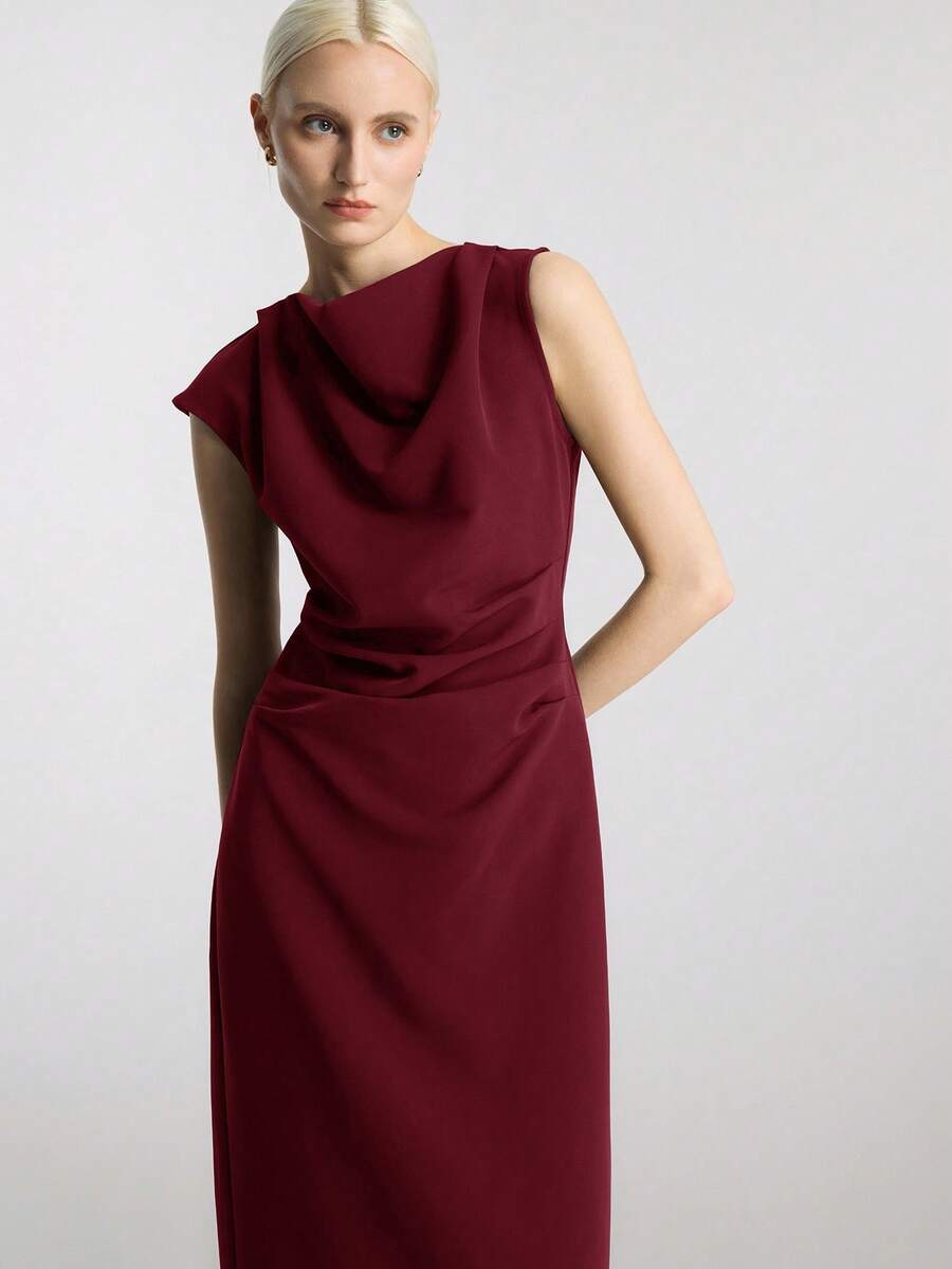 Ontre 女式秋冬垂坠领无袖纯色收腰宽松长裙，舒适休闲商务优雅长裙，适合圣诞节、万圣节、派对和聚会