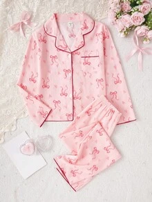 女学生睡衣，女孩可爱樱桃印花长裤和长袖休闲两件套家居服套装 - 彩色 - 查看 3