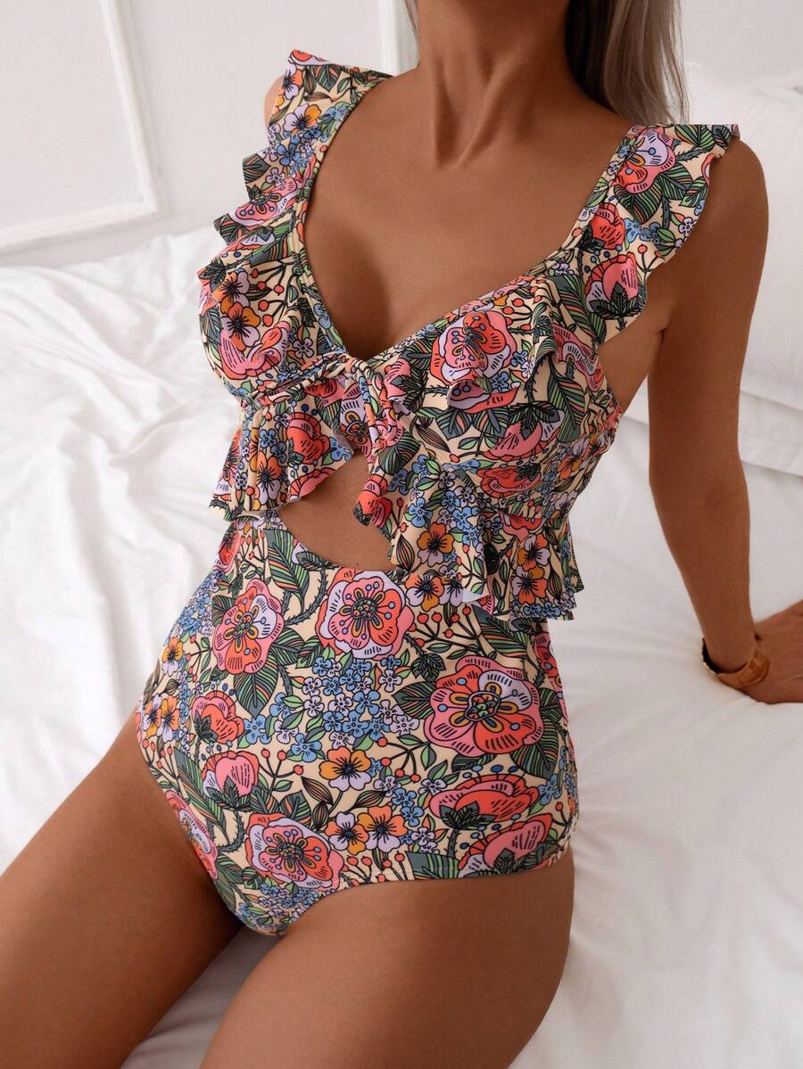 SHEIN Swim 1 szt. Damski, drobny, kwiatowy, falbaniasty, tropikalny, ładny, jednoczęściowy kostium kąpielowy