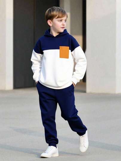 SHEIN 2 件儿童/青少年男童休闲日常搭配舒适撞色拼布口袋连帽衫和宽松慢跑裤套装