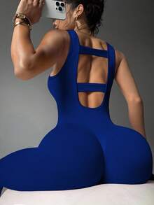SHEIN Velisys 女式简约纯色弹力露背无缝运动连体裤，夏季 - 彩色 - 查看 5