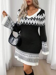 Elenzga 大码复古风V领拼色提花针织毛衣裙 - 彩色 - 查看 4