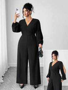 Elenzga 大码女式纯色露肩长袖V领连体裤 - 黑色 - 查看 1