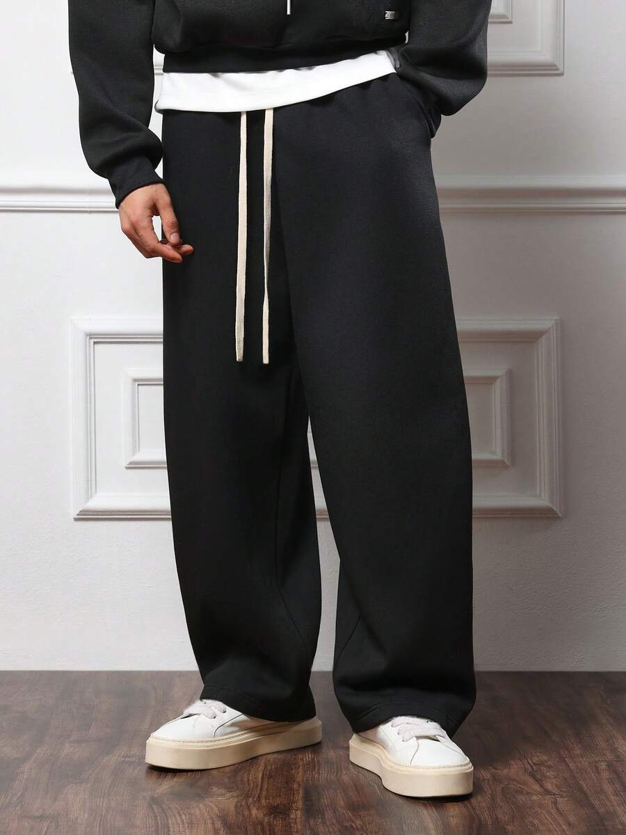 SUMWON 高级阔腿运动裤，宽松舒适，抓绒面料，抽绳腰带，秋冬休闲街头风，舒适百搭 - 黑色 - 查看 1