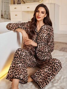 LuxeNights 常规款豹纹长袖上衣和裤子女士睡衣套装，冬季服装 - 彩色 - 查看 4
