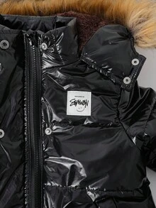 Elladie kids 女孩休闲酷炫黑色闪亮反光绗缝面料腰部抽绳连帽拼接毛皮饰边保暖厚棉衣，秋冬 - 黑色 - 查看 6