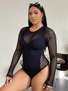 SHEIN EZwear Mono de mujer de talla grande de unicolor con cuello redondo, mangas raglán y recortes con diseño ajustado y de moda - Negro - Ver 3