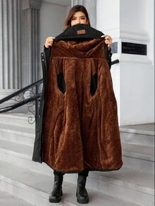 Easura Fashionable Casual Retro Elegant Comfortable Contrast Color Patchwork Waist Cinched Padded Coat - Black - View 6