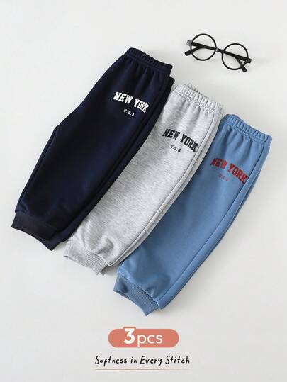 Cozy Pixies Set de 3 pantalones casuales de punto suave con patrón de letras y cintura elástica para bebé niño