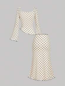 SHEIN MOD Women's Polka Dot Asymmetric Hem Bow Apricot Suit, Fall /Winter,Halloween,Christmas, Going Out,Chic,Casual,Prom,Graduation,Party,Casual,Formal,Luxury, Polka Dot Outfit, 2 Pieces Skirt Sets Woman, Two Pieces Skirt Set Summer, Midi Skirt Set