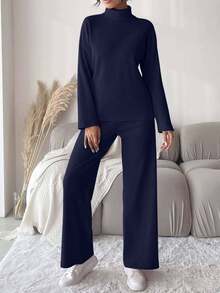 EURMUSE 2 pezzi Set top e pantaloni da donna con collo alto e maniche lunghe, tinta unita, casual, autunno/inverno - Blu Navy - Visualizzare 3