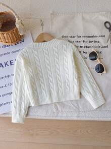 1 pieza Jersey de punto clásico de cable para niñas, jersey de punto de cuello en V de ajuste delgado de manga larga y grosor regular con decoración bordada de caballo negro, cómodo y versátil para primavera/otoño, uso diario casual o actividades al aire libre