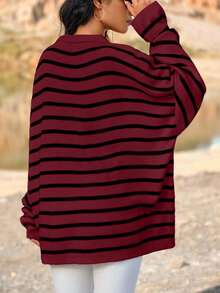SHEIN Cottnline Plus Size Striped Pattern Polo Collar Casual Long Sleeve Sweater - Burgundy - View 2
