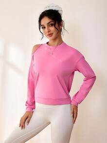 Sovereign Charm Sudadera casual de manga larga con hombros recortados de unicolor para mujer - Rosa Fucsia - Ver 5