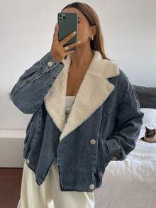 DAZY 女式休闲拼布牛仔夹克，秋季 - 藍色 - 查看 3